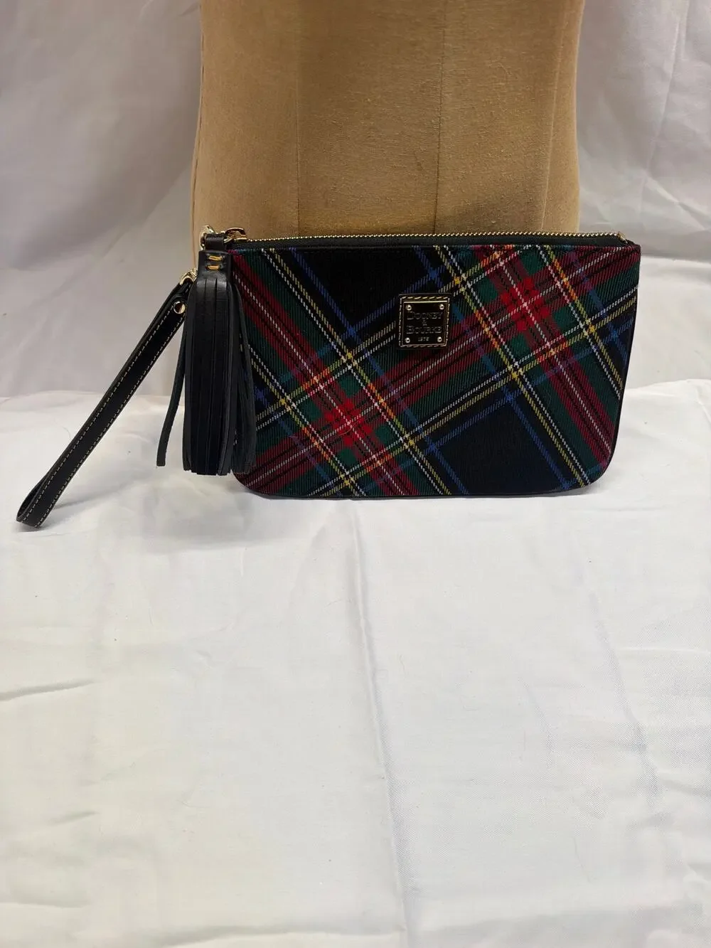 Dooney & Bourke Tartan Plaid Large Wristlet Pouch Clutch Bag with Leather Tassel